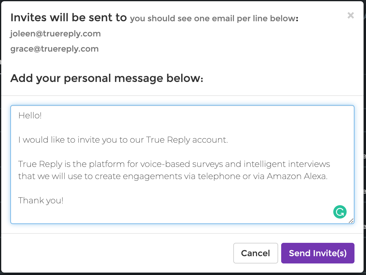 True Reply Voice Surveys Multi User Support in True Reply Enterprise